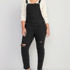 Old Navy Black Washed Distressed Denim Overalls Sz 12 Petite